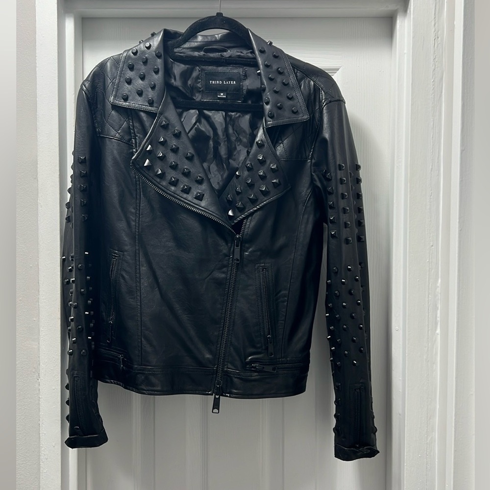 Third Layer studded vegan faux leather biker moto jacket